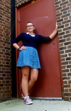 Keep this style classy by wearing white patterned collar and a denim skirt! Cherry Collared Shirt, $20 , Forever 21; Cotton V-Neck,$20 , GAP; Skirt, $10, Target.